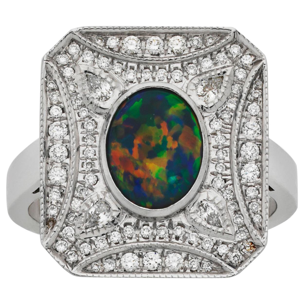 Giulians Art Deco Inspired 1.20ct Black opal and Diamond Ring For Sale