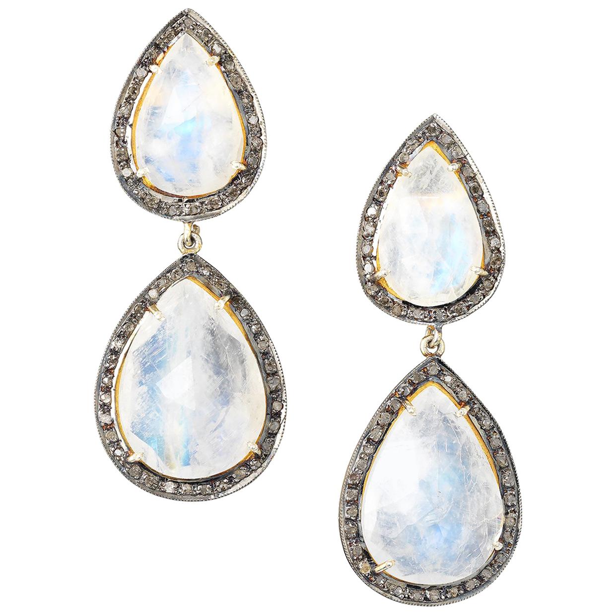 Gilt Silver Diamond and Moonstone Drop Earrings
