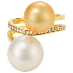 Giulians Gold and Australian South Sea Pearl Cocktail Ring with Diamonds