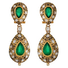 Manjrie Emerald Rose-Cut Diamond 22k Gold Artisan Dangle Earrings