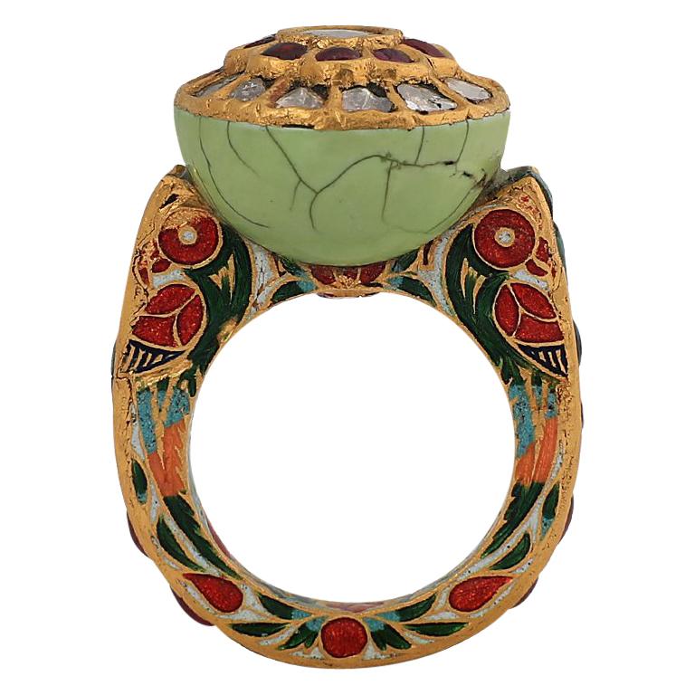 Manjrie Ruby Emerald Uncut Diamond Turquoise 22k Gold Artisan Enamel Ring