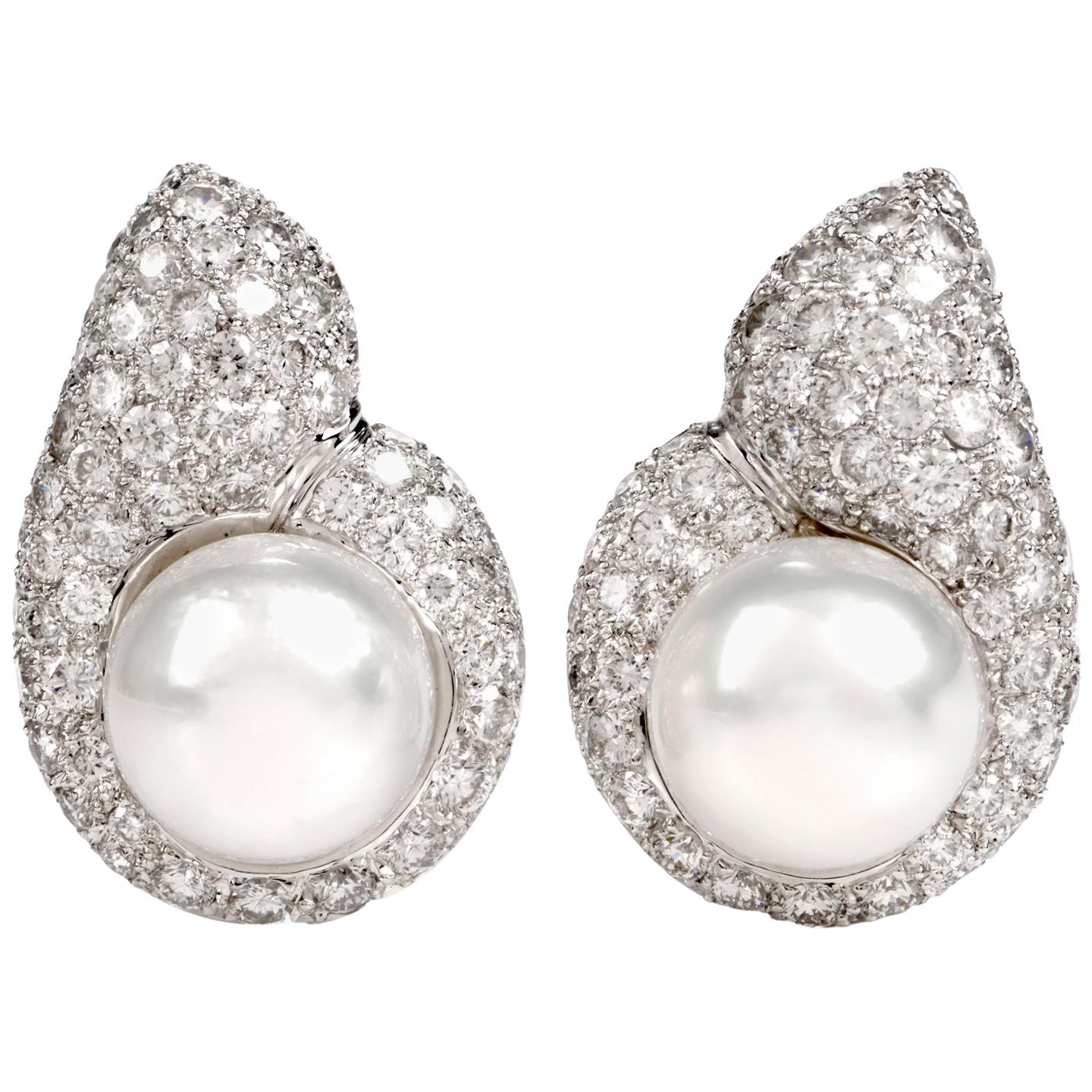 Diamond Pearl Tear Drop Clip-On 18 Karat White Gold Earrings