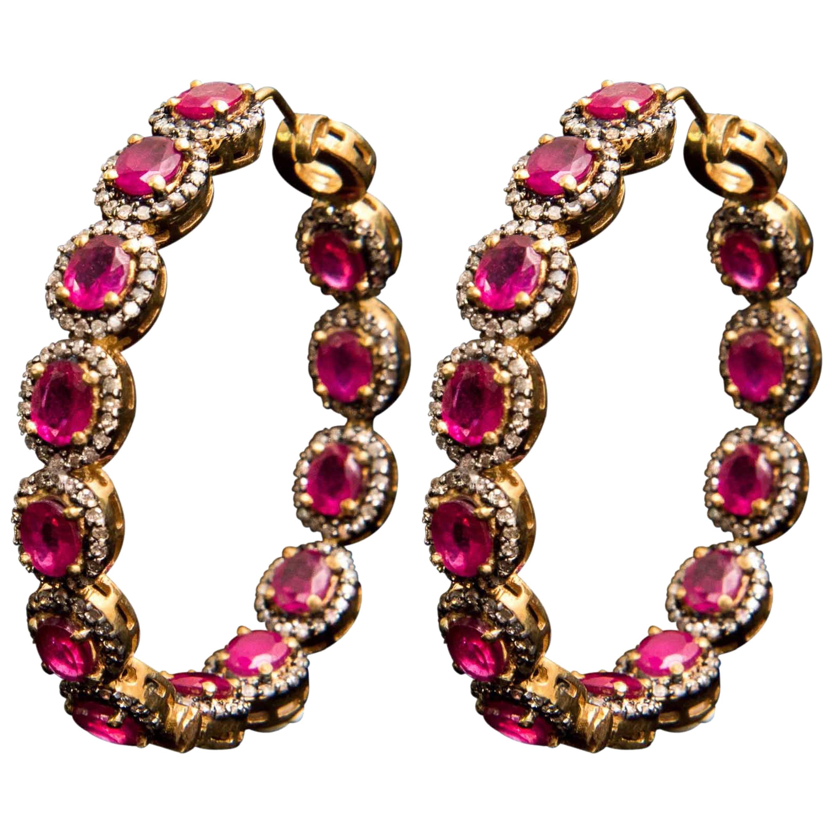 Manjrie Ruby Single-Cut Diamond 14k Gold handcrafted Victorian Hoop Earrings For Sale