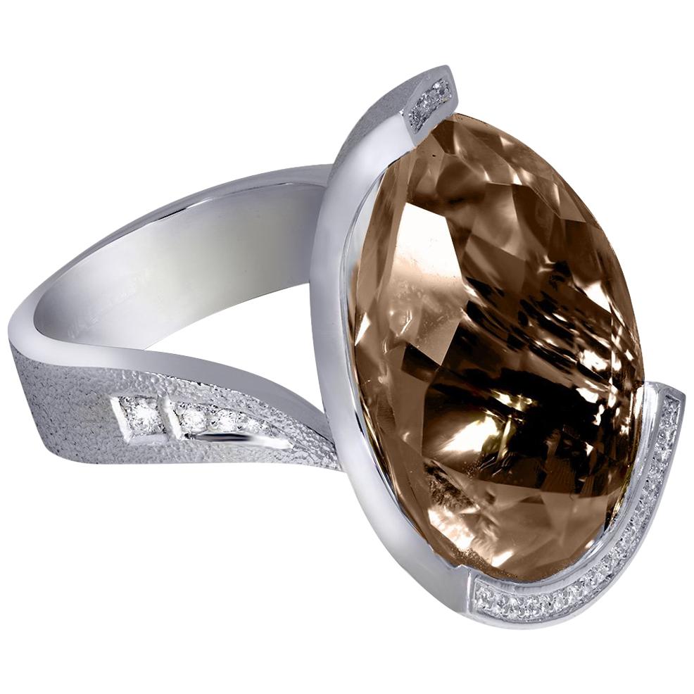Alex Soldier Diamond Smoky Quartz White Gold Textured Swan Ring