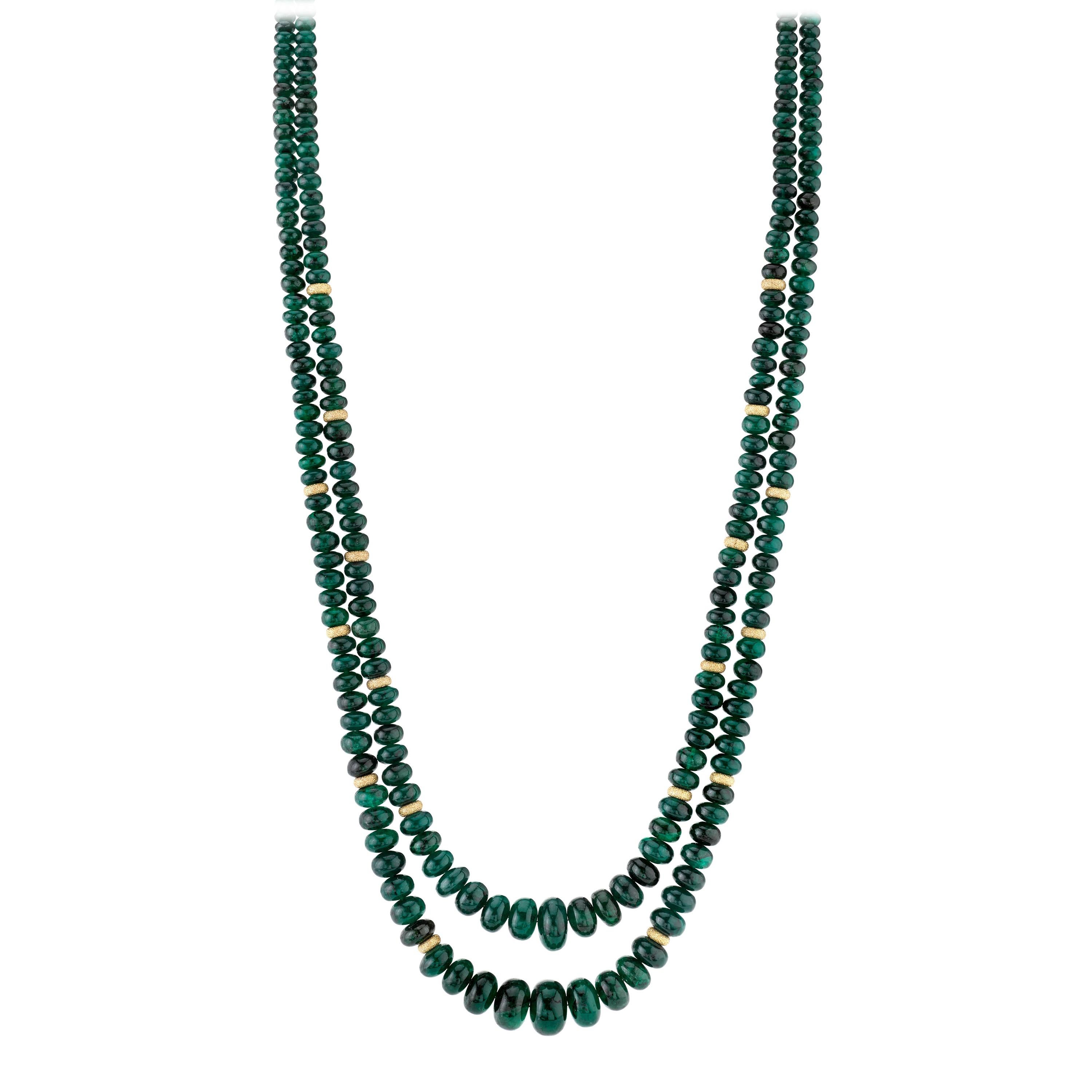 Emerald Beaded Multi-Strand Necklace with Yellow Gold Accents, 200 Carats Total For Sale