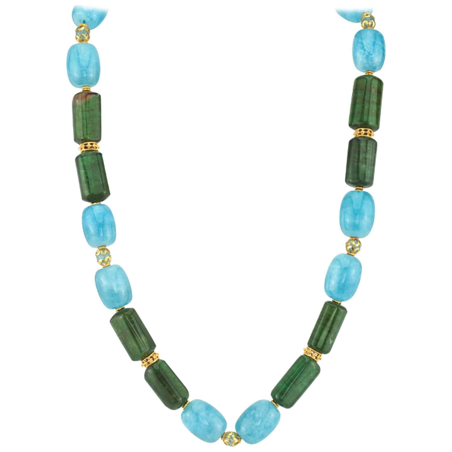 Aquamarine and Tourmaline Barrel Shaped Bead Necklace with Yellow Gold Accents
