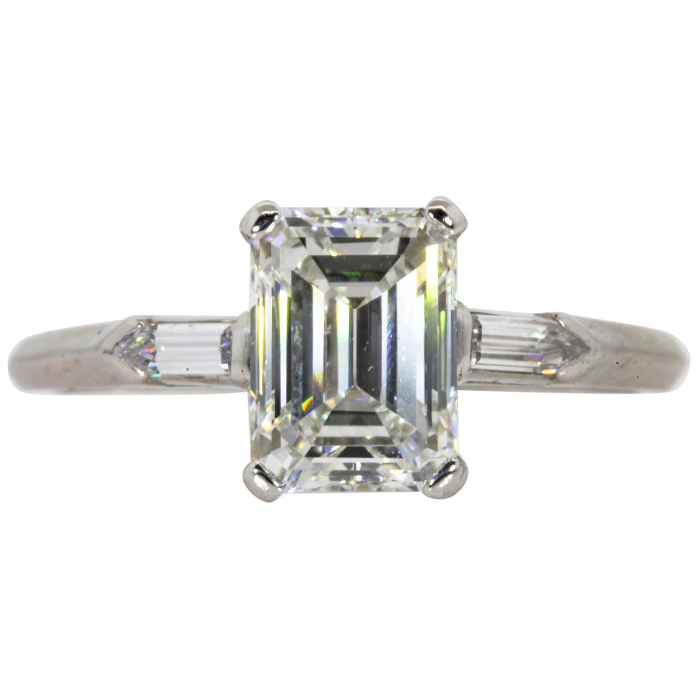 GIA Certified 1.44 Carat Emerald Cut Diamond Platinum Engagement Ring