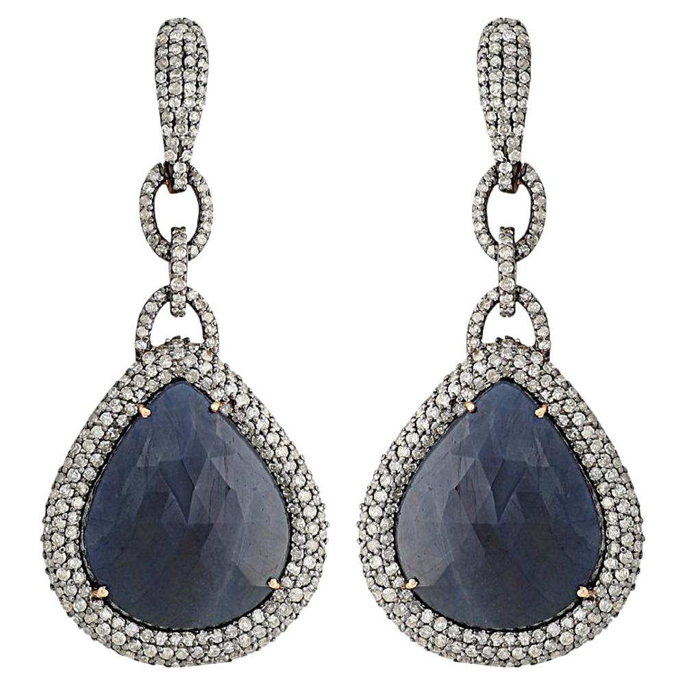 Manjrie Blue Sapphire Single-Cut Diamond 18k Gold Victorian Dangle Earrings im Angebot