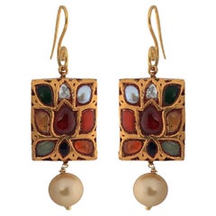 Manjrie Ruby Pearl Coral Sapphire Diamond Garnet Gold Artisan Hook Earrings