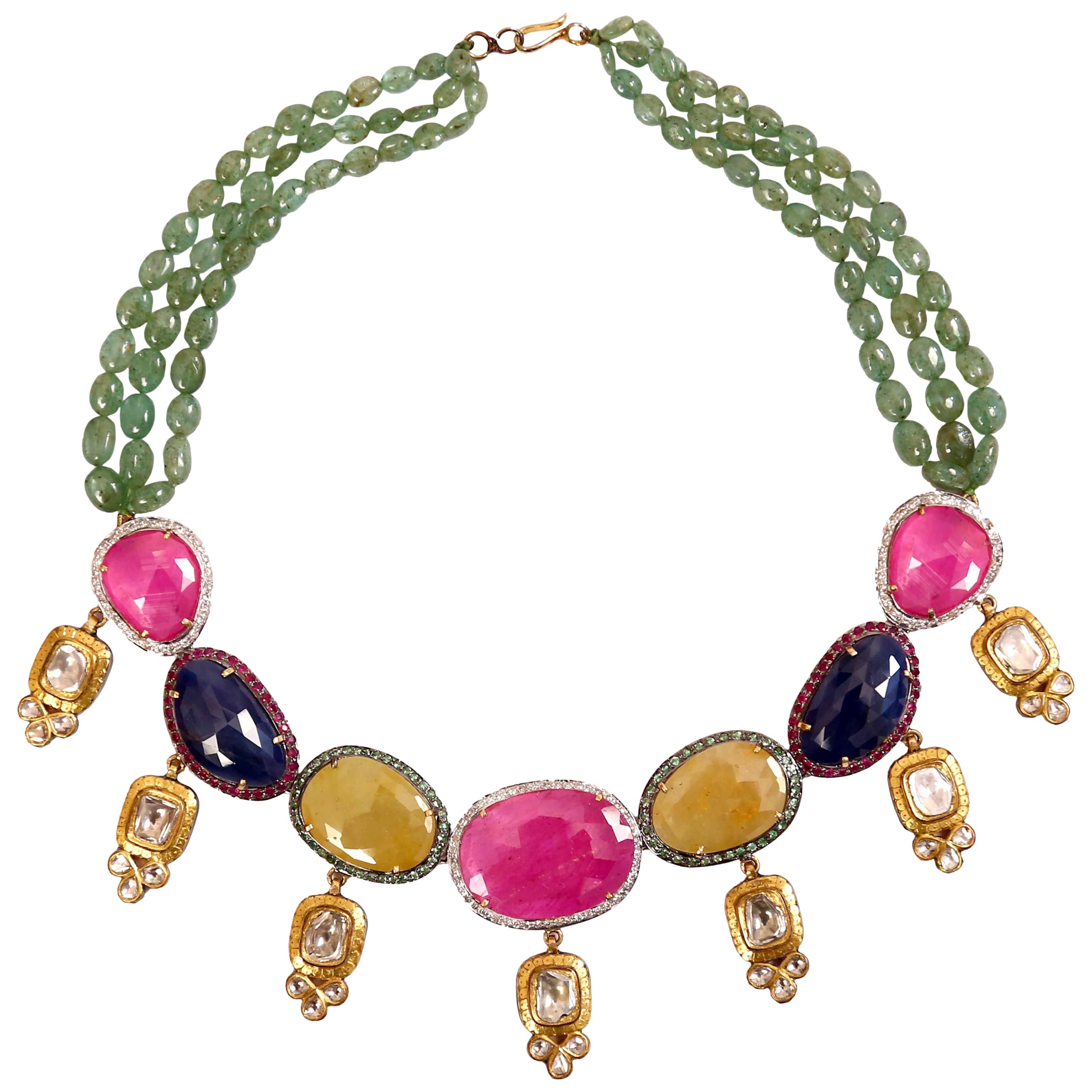 Manjrie Ruby Sapphire Emerald Diamond Aventurine 18k Gold Contemporary Necklace For Sale