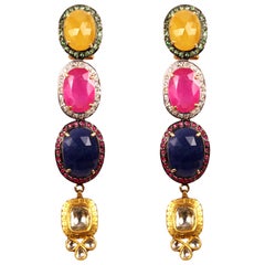 Manjrie Ruby Sapphire Emerald Diamond 18k Gold Contemporary Dangle Earrings