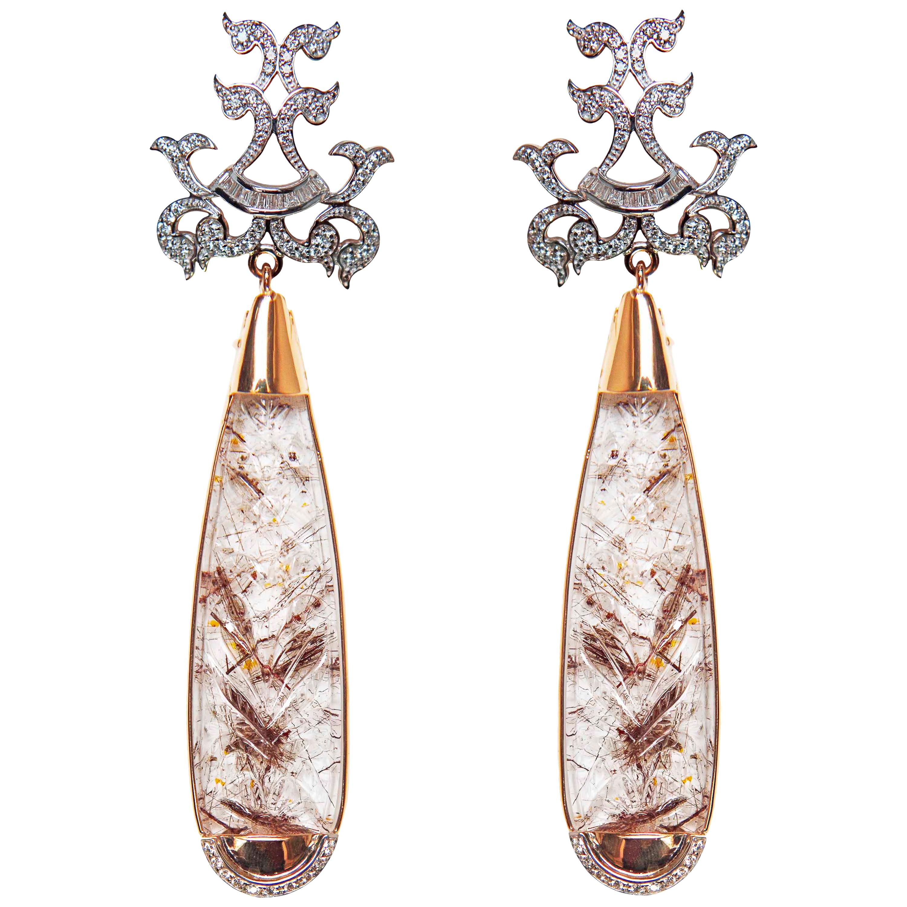 Manjrie Carved Rutile White Diamond 14k Gold Contemporary Dangle Earrings For Sale