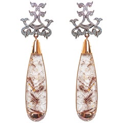 Manjrie Carved Rutile White Diamond 14k Gold Contemporary Dangle Earrings