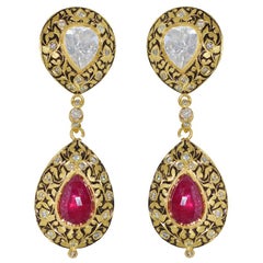 Manjrie Ruby Uncut Diamond 22k Gold Artisan Dangle Earrings