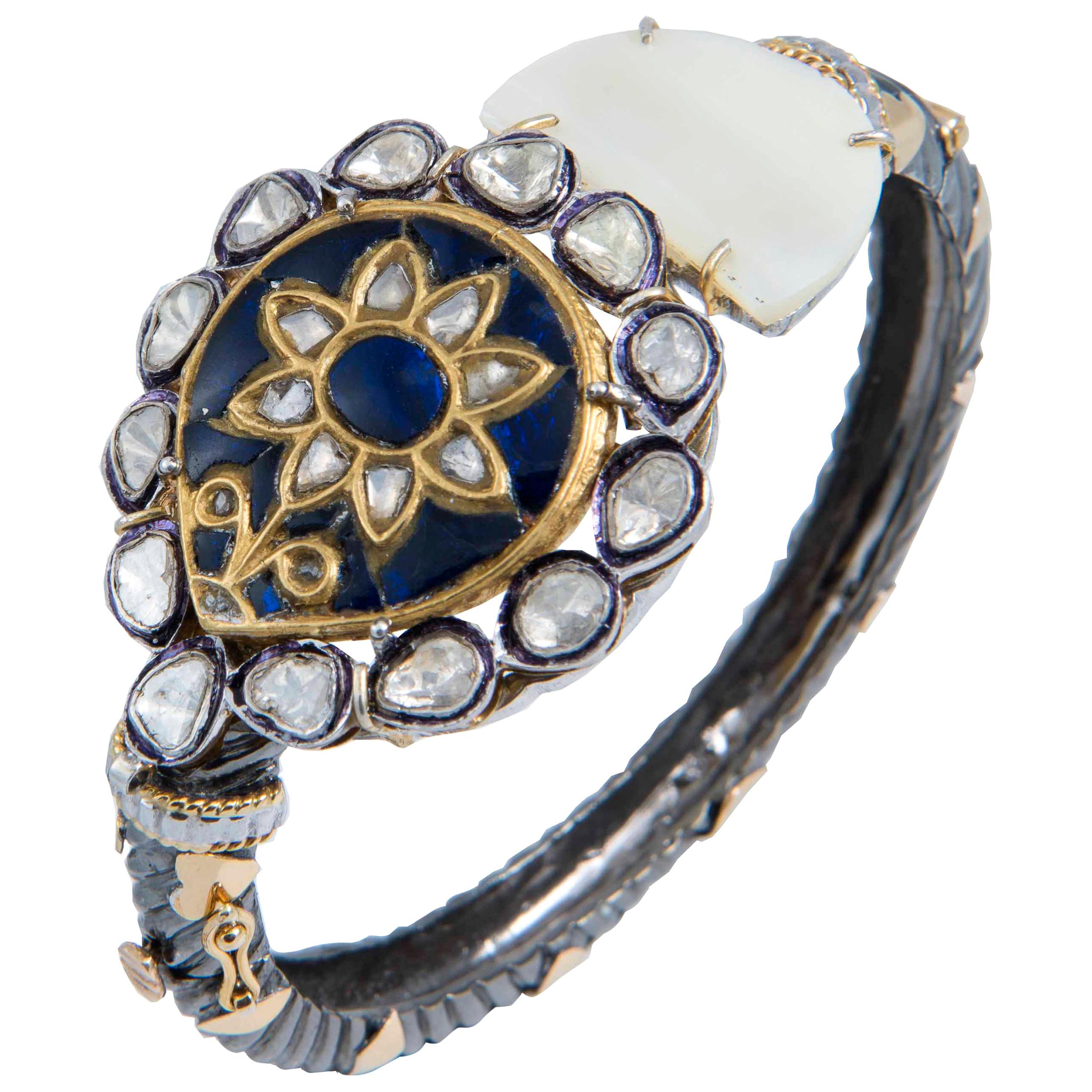 Manjrie Iolite Uncut Diamond Mother of Pearl 18k Gold Silver Victorian Bracelet For Sale