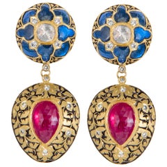 Manjrie Blue Sapphire Ruby Double-Cut Diamond 22k Gold Artisan Dangle Earrings