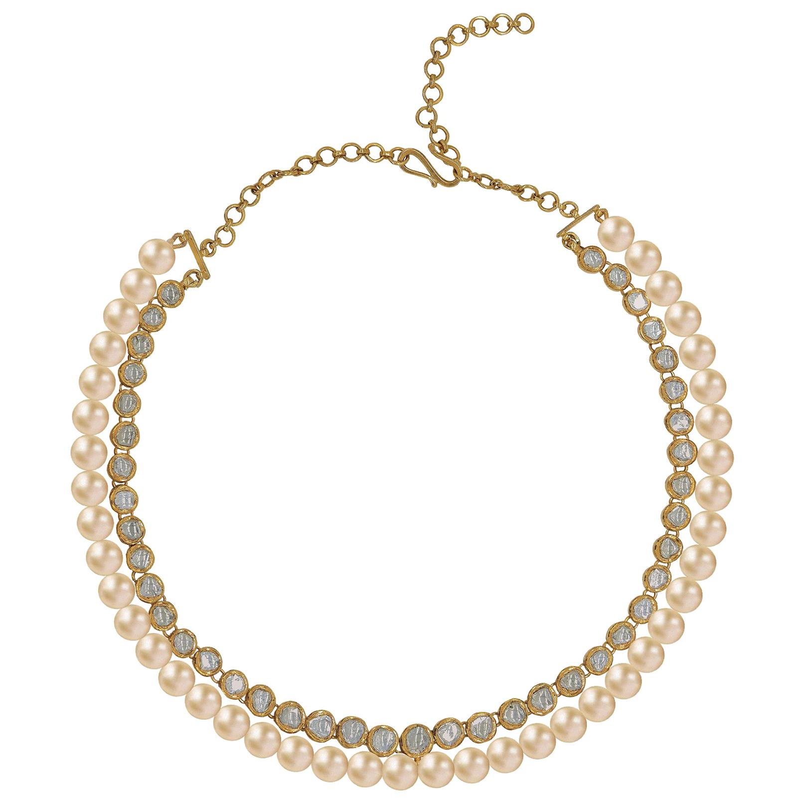 Manjrie Pearl Uncut Diamond 18K Gold Artisan Necklace For Sale