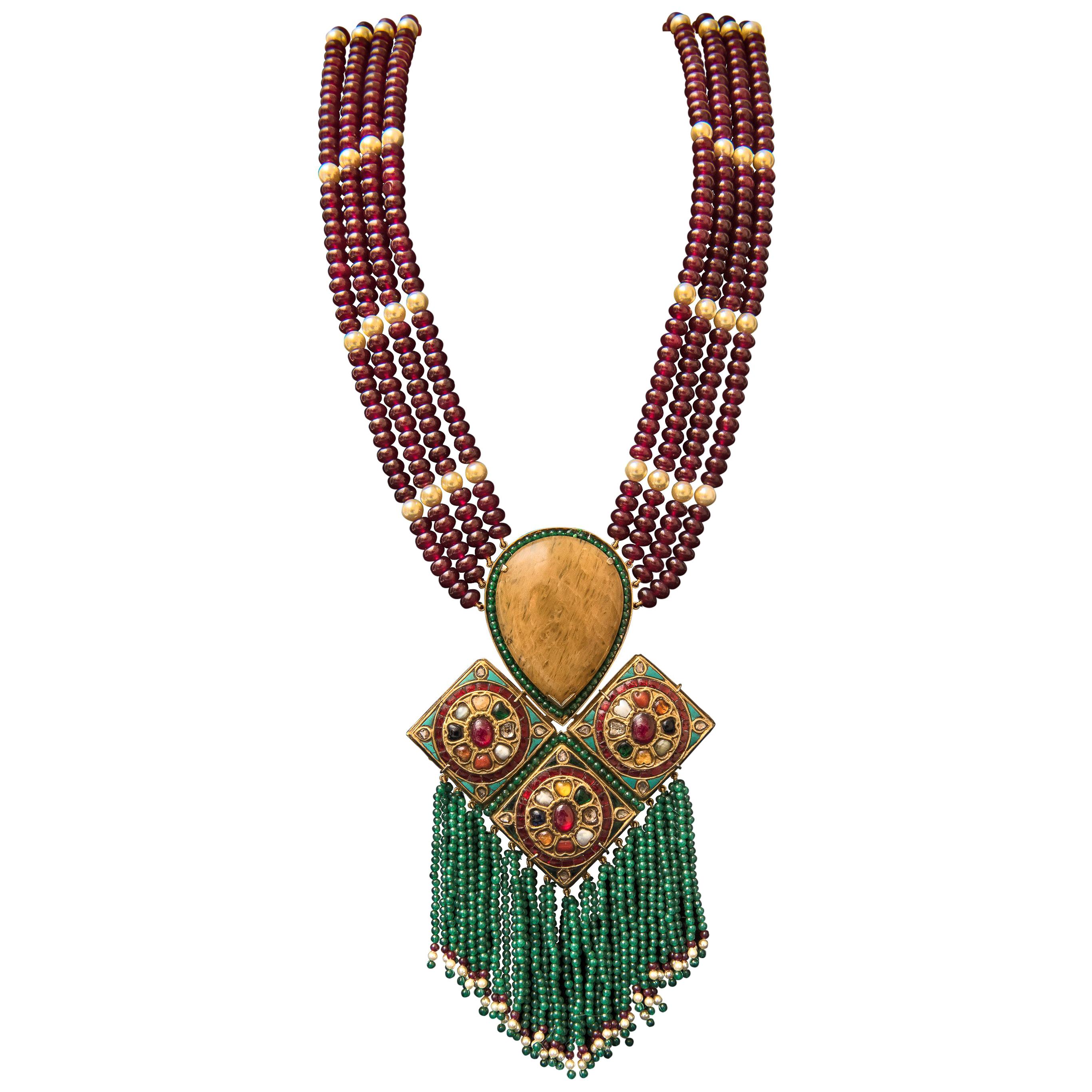 Manjrie Ruby Emerald Pearl Coral Diamond Turquoise 18K Gold Artisan Necklace For Sale