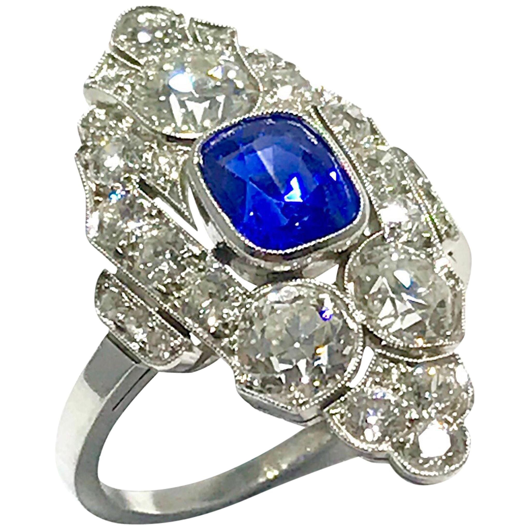 Natural No Heat Sapphire and Diamond Art Deco Style Platinum Ring