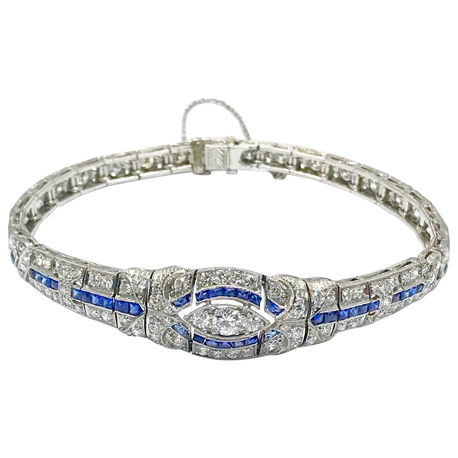 3.00 Carat Art Deco Diamond and Sapphire Platinum Bracelet