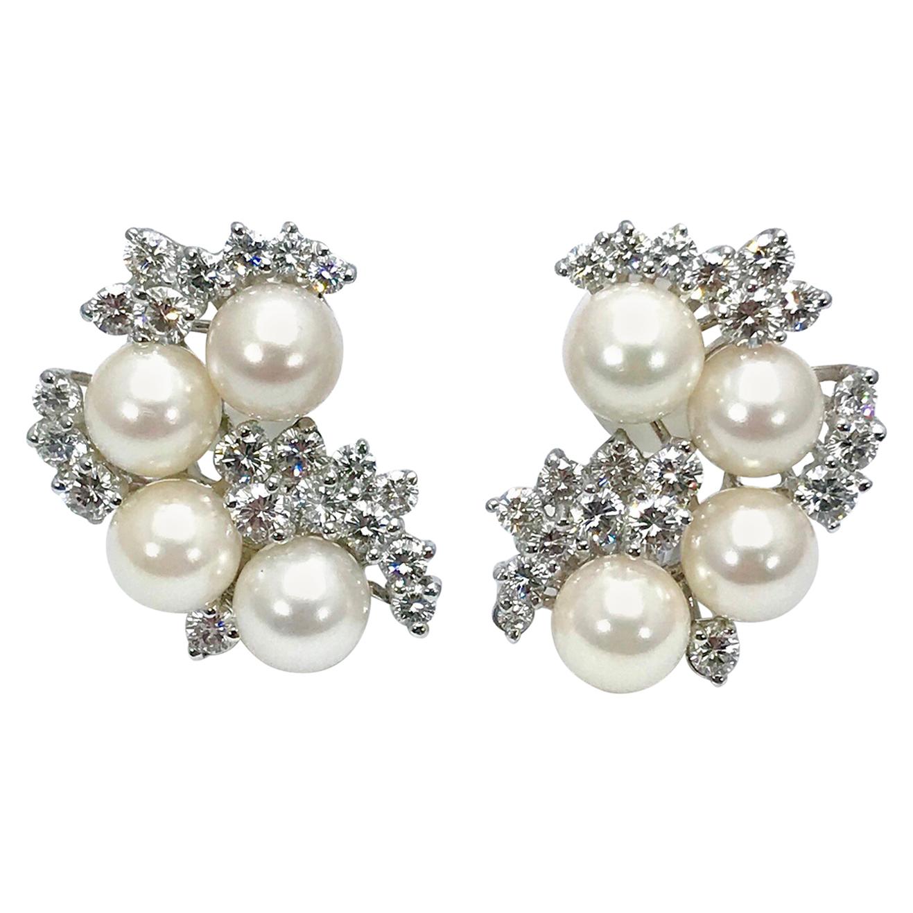 5.00 Carat Diamond and Cultured Pearl Platinum Clip Earrings