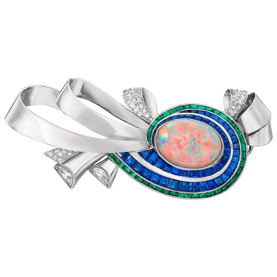 Midcentury Platinum Brooch with Opal, Diamonds, Emeralds, and Blue Sapphires For Sale