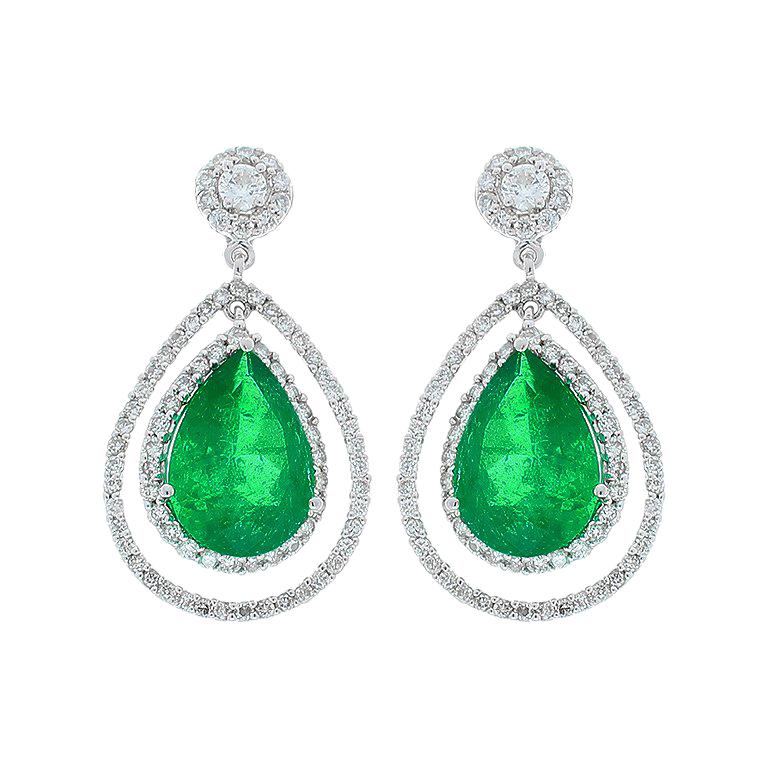 AGL Certified 4.45 Carat Total Pear Shape Emerald & Diamond Earrings in 18K Gold