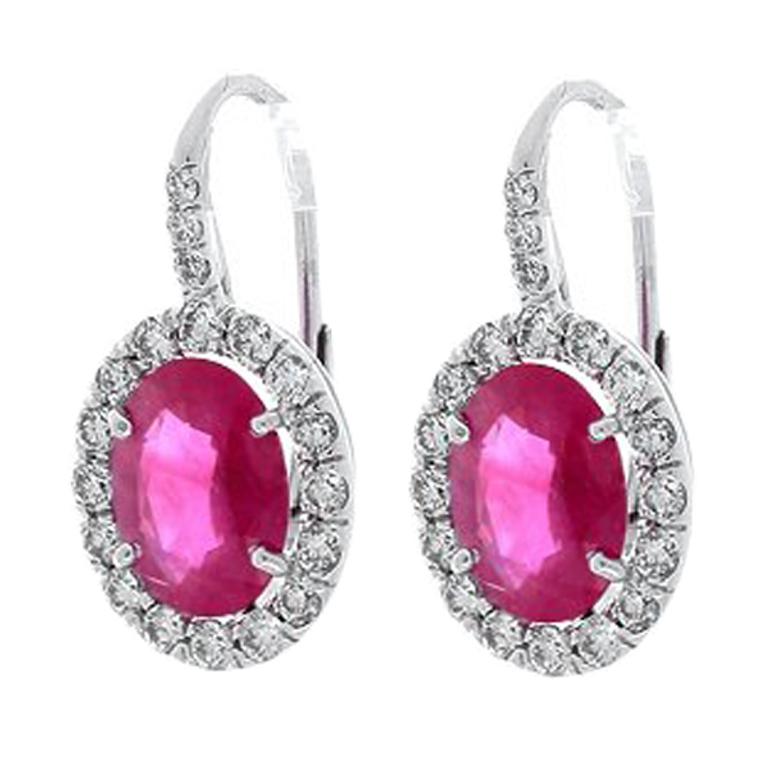 2.75 Carat Total Oval Ruby and White Diamond Earrings in 18 Karat White Gold