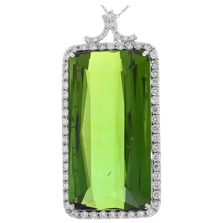81.00 Carat Emerald Cut Green Tourmaline and Diamond Pendant In 18K White Gold For Sale