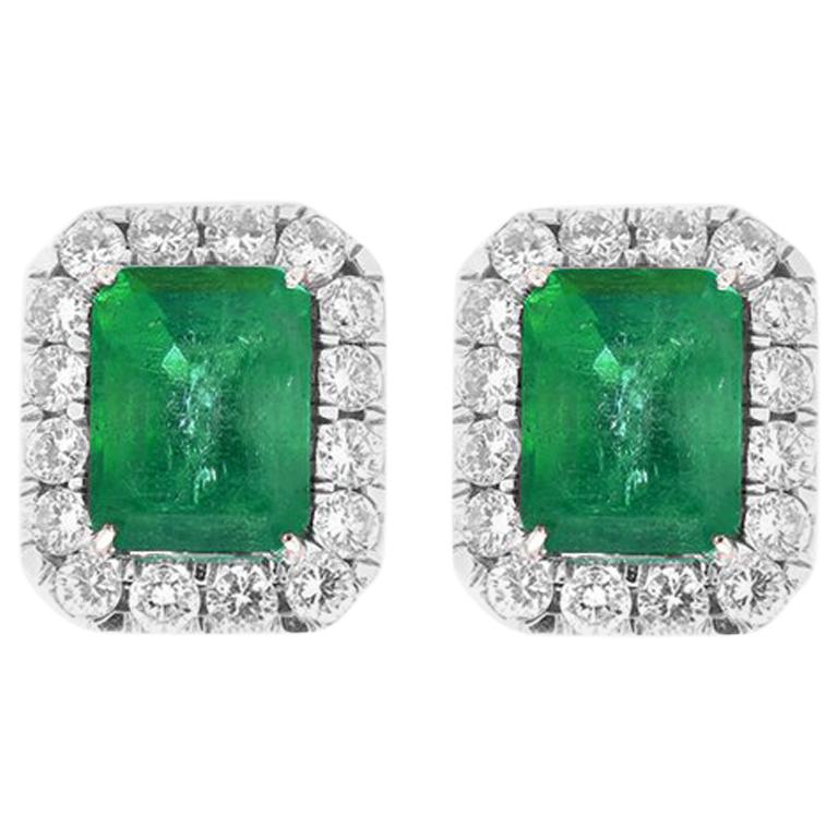 11.36 Carat Emerald Cut Emerald and Diamond Earrings in 18 Karat White Gold