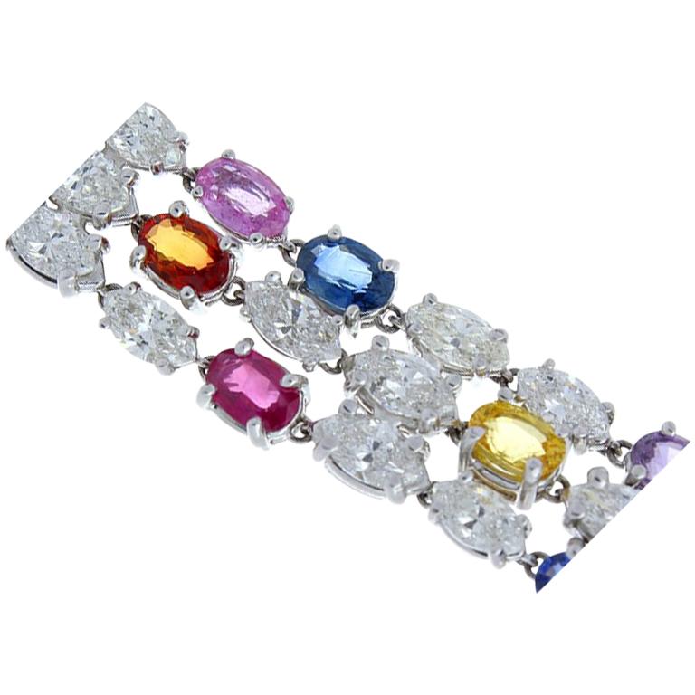 33.70 Carat Total Multi-Color Oval Sapphire and Marquise Diamond Gold Bracelet