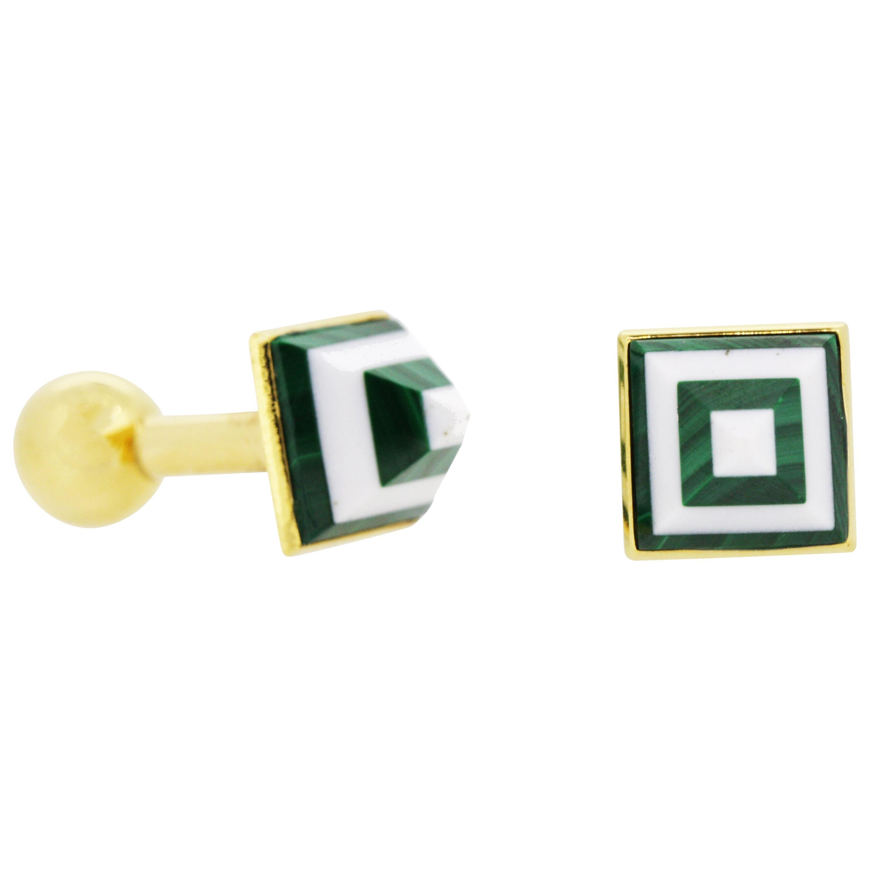 Marble Cufflinks White and Green in 18 Karat Yellow Gold For Sale
