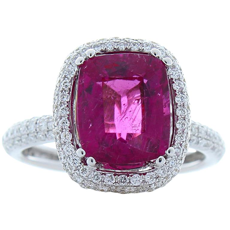 2.98 Carat Cushion Rubellite and Diamond Cocktail Ring in 18 Karat White Gold