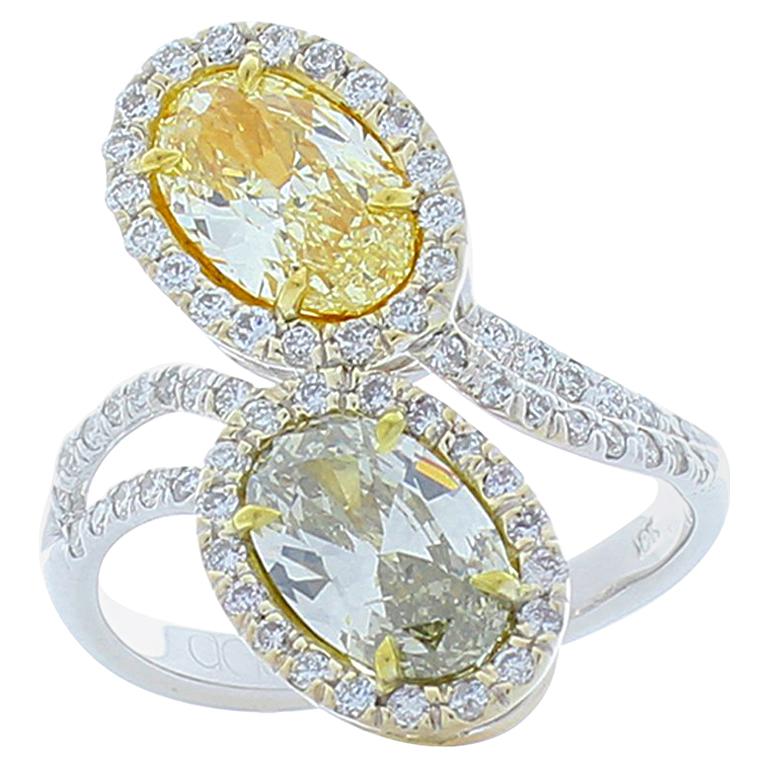 GIA Certified 2.09 Carat Total Oval Fancy Light Yellow and Gray Diamond Ring