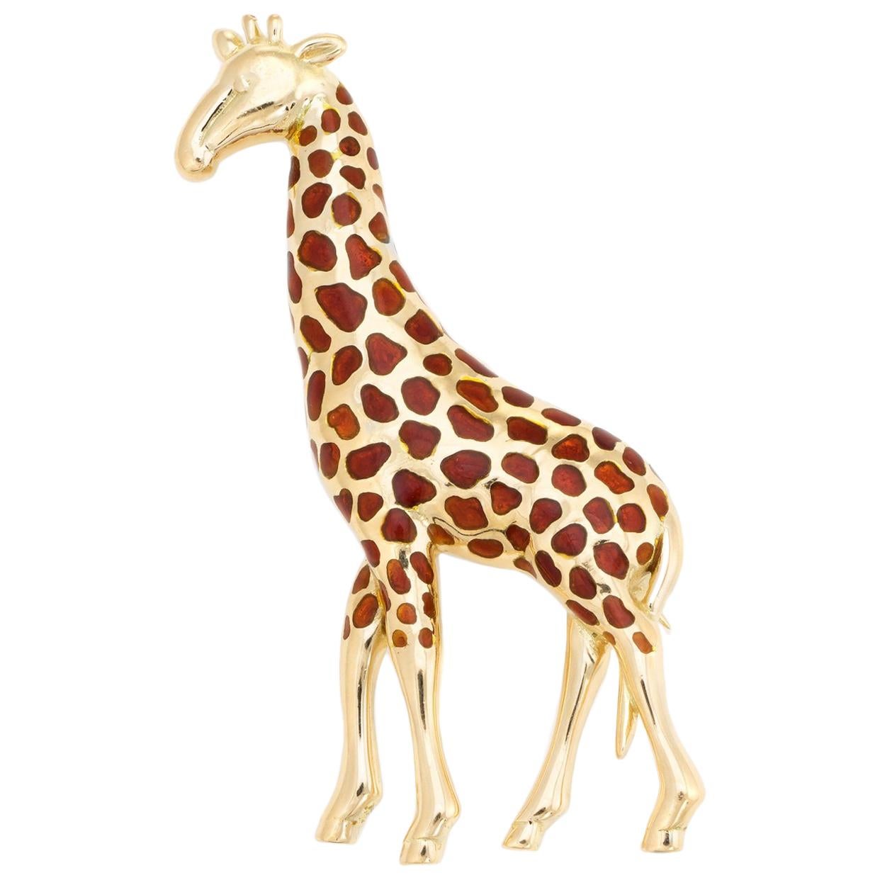 Vintage Giraffe Brooch 18 Karat Gold Pin Animal Jewelry Estate Fine Enamel