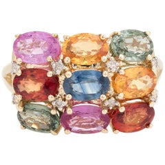 Vintage Colored Sapphire Ring Diamond Cocktail 14 Karat Gold Estate Jewelry