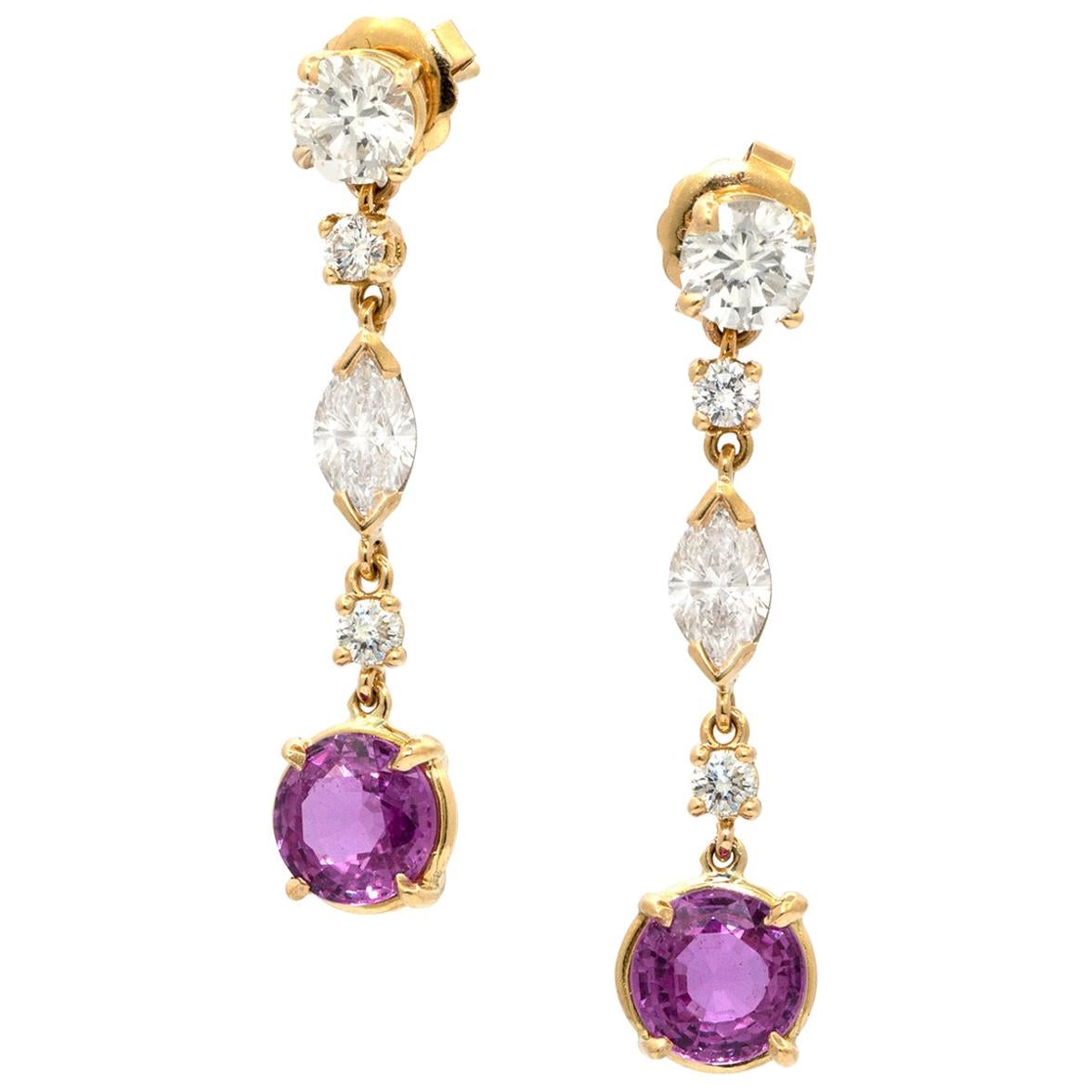 Diamond and Pink Sapphire 18 Karat Gold Hanging Earrings For Sale