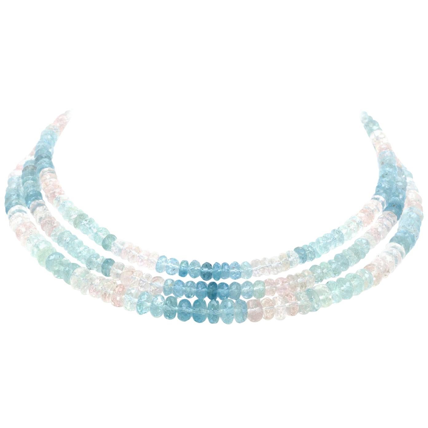 300 Carat Aquamarine and Pink Topaz 3 Strand Necklace For Sale