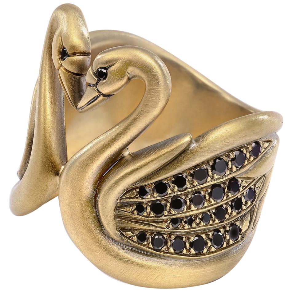 Wendy Brandes Black Diamond 18K Yellow Gold Swan Heart Ring for Valentine's Day