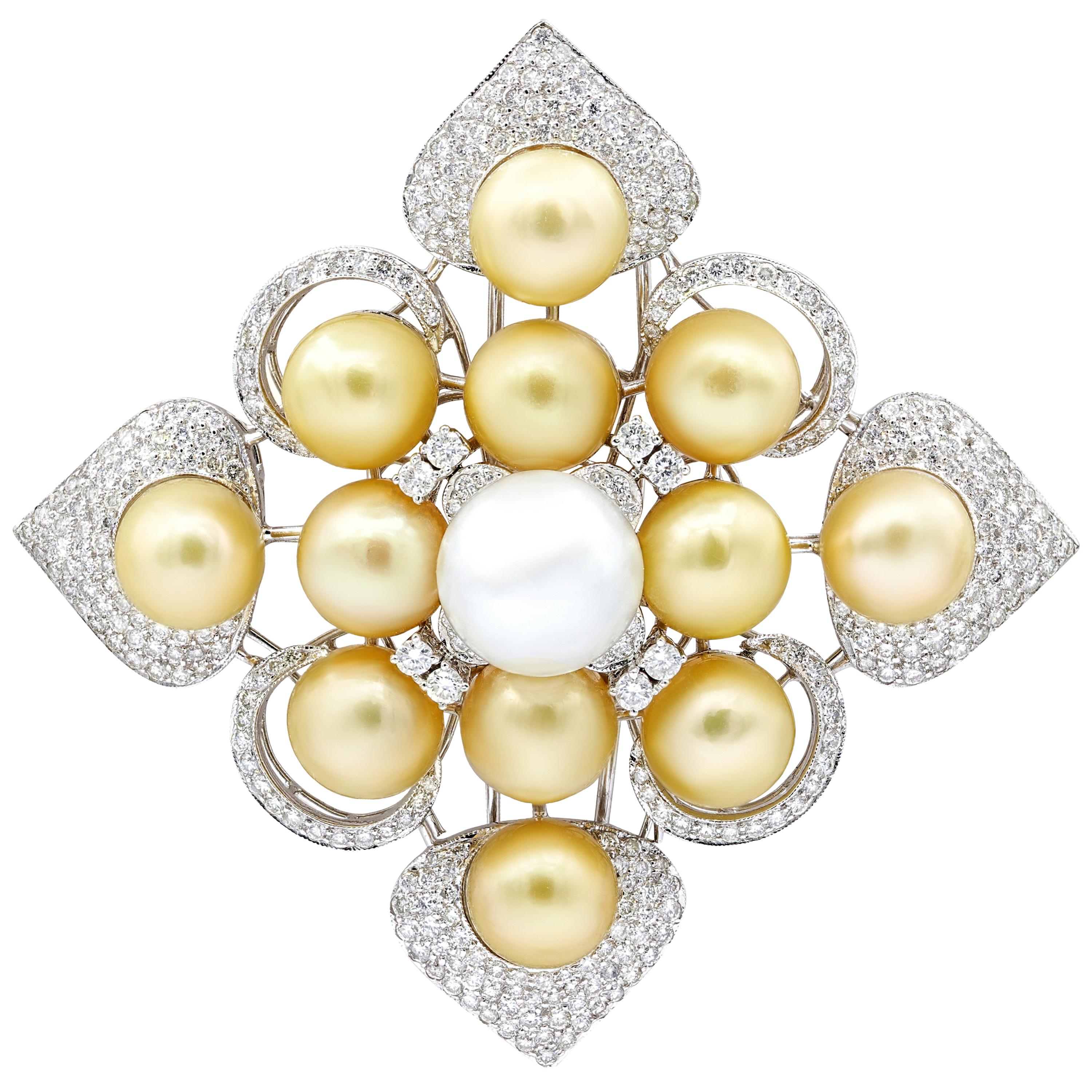 White Gold White and Champagne Pearls and Diamonds Brooch
