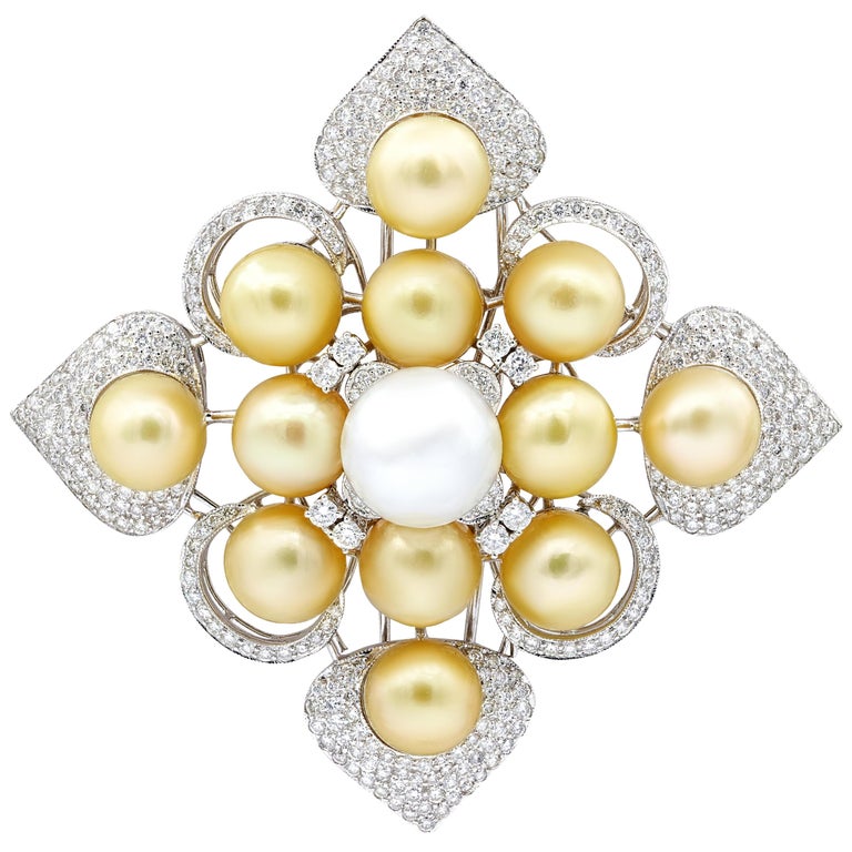 White Gold White and Champagne Pearls and Diamonds Brooch For Sale at ...