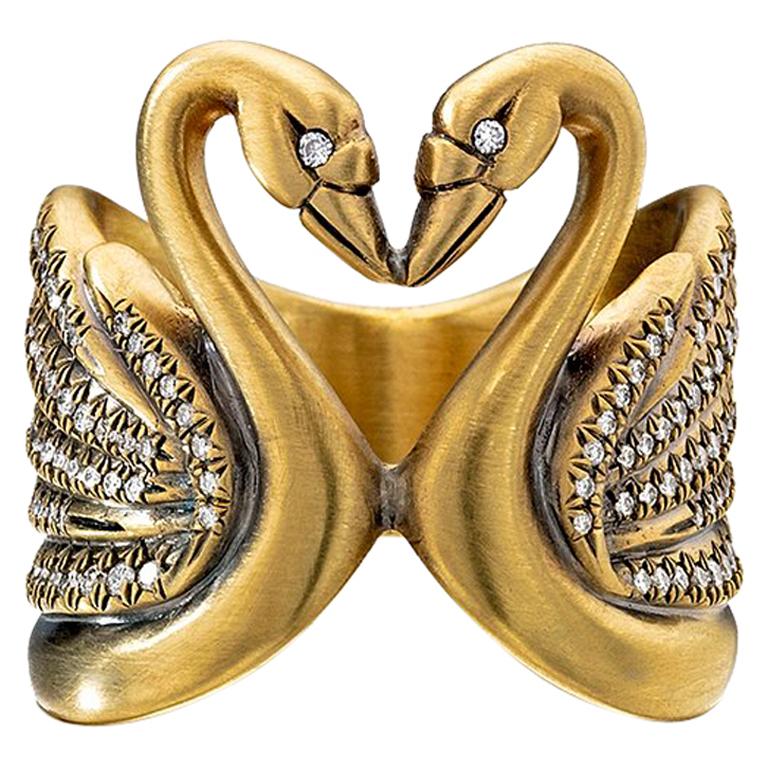 Wendy Brandes Kissing Swan Bird Gold Diamond Heart Ring