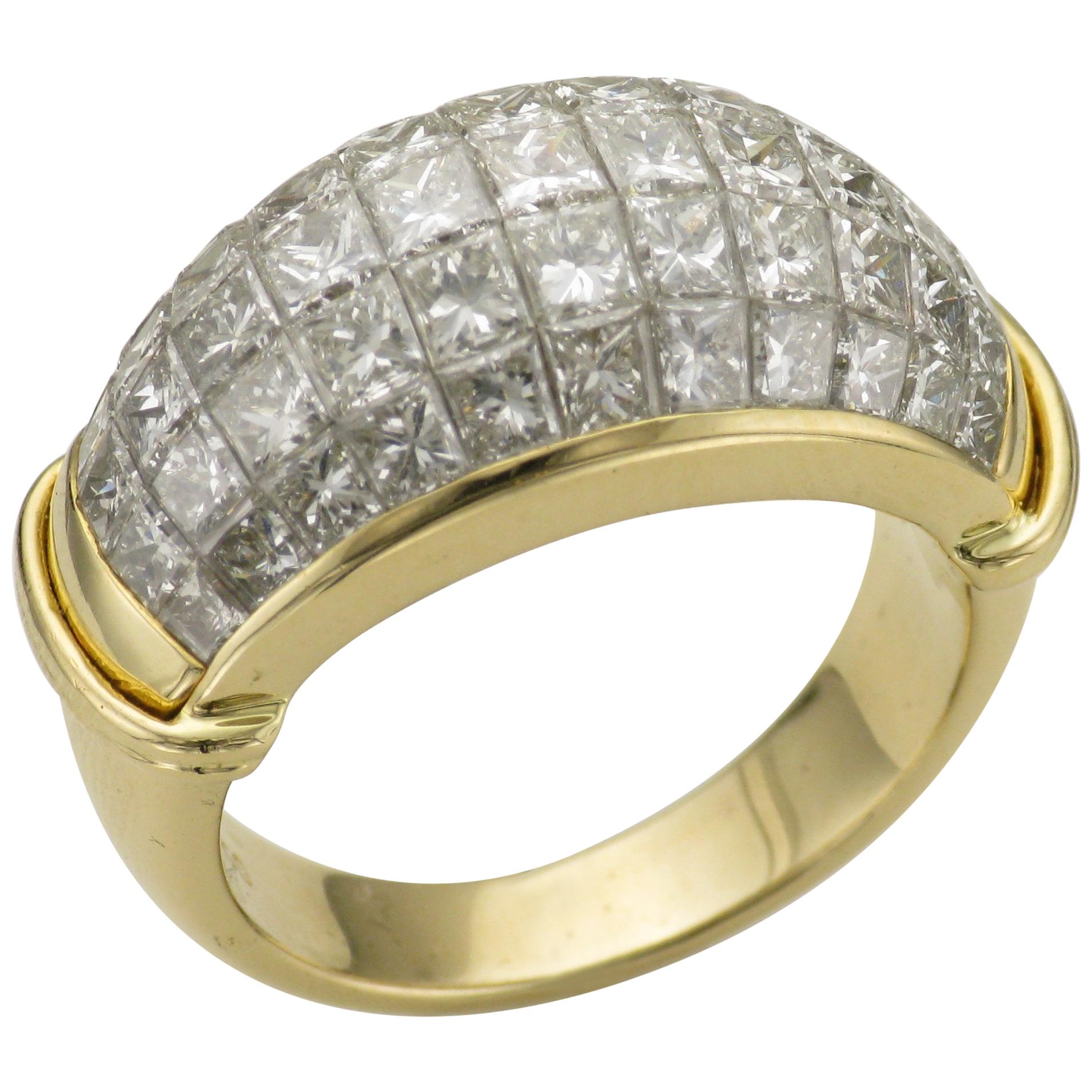 Princess Cut Diamonds Serti Mysterieux Yellow Gold Pave Band Dome Cocktail Ring