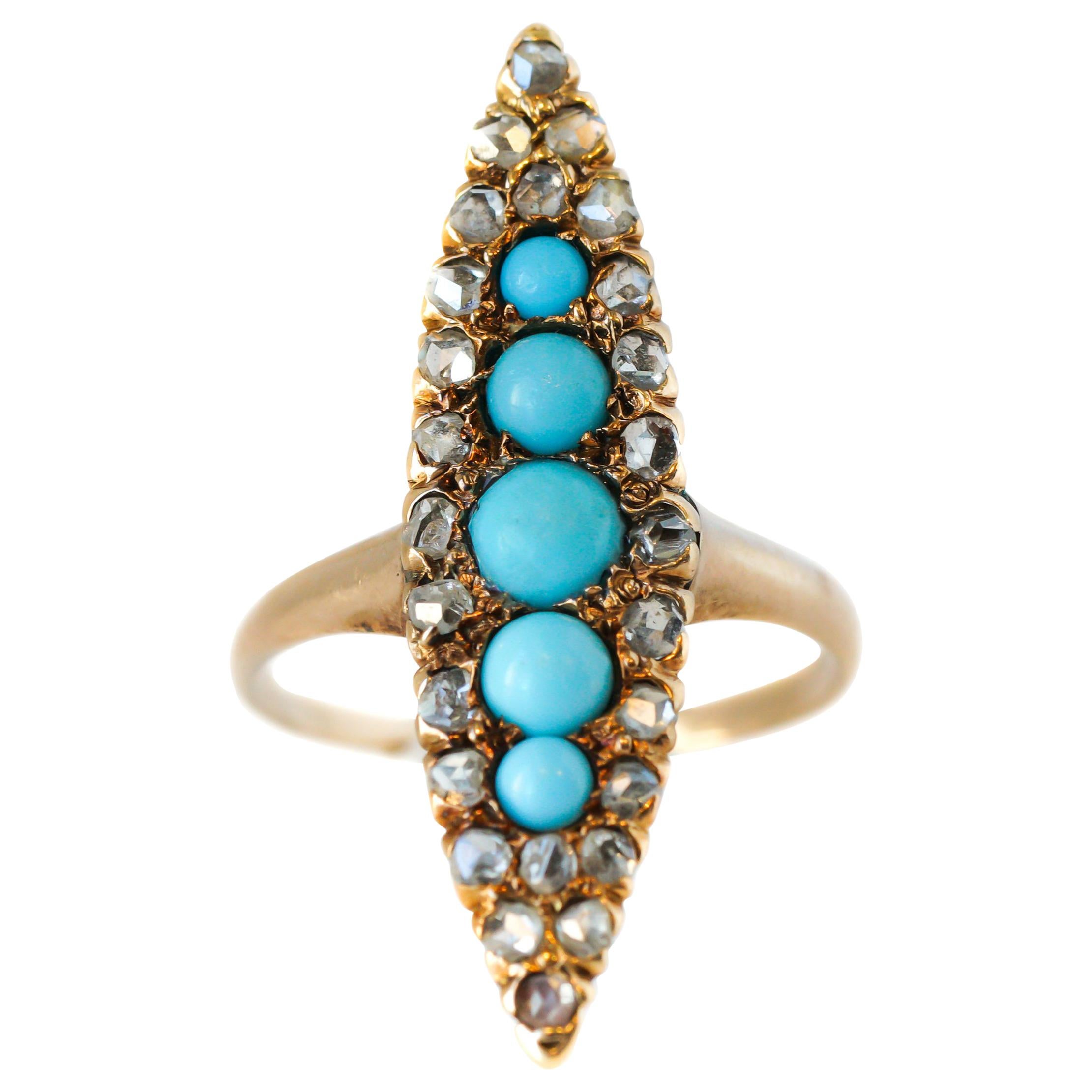 Antique Marquise Turquoise and Rose-Cut Diamond 9 Karat Gold Ring For Sale