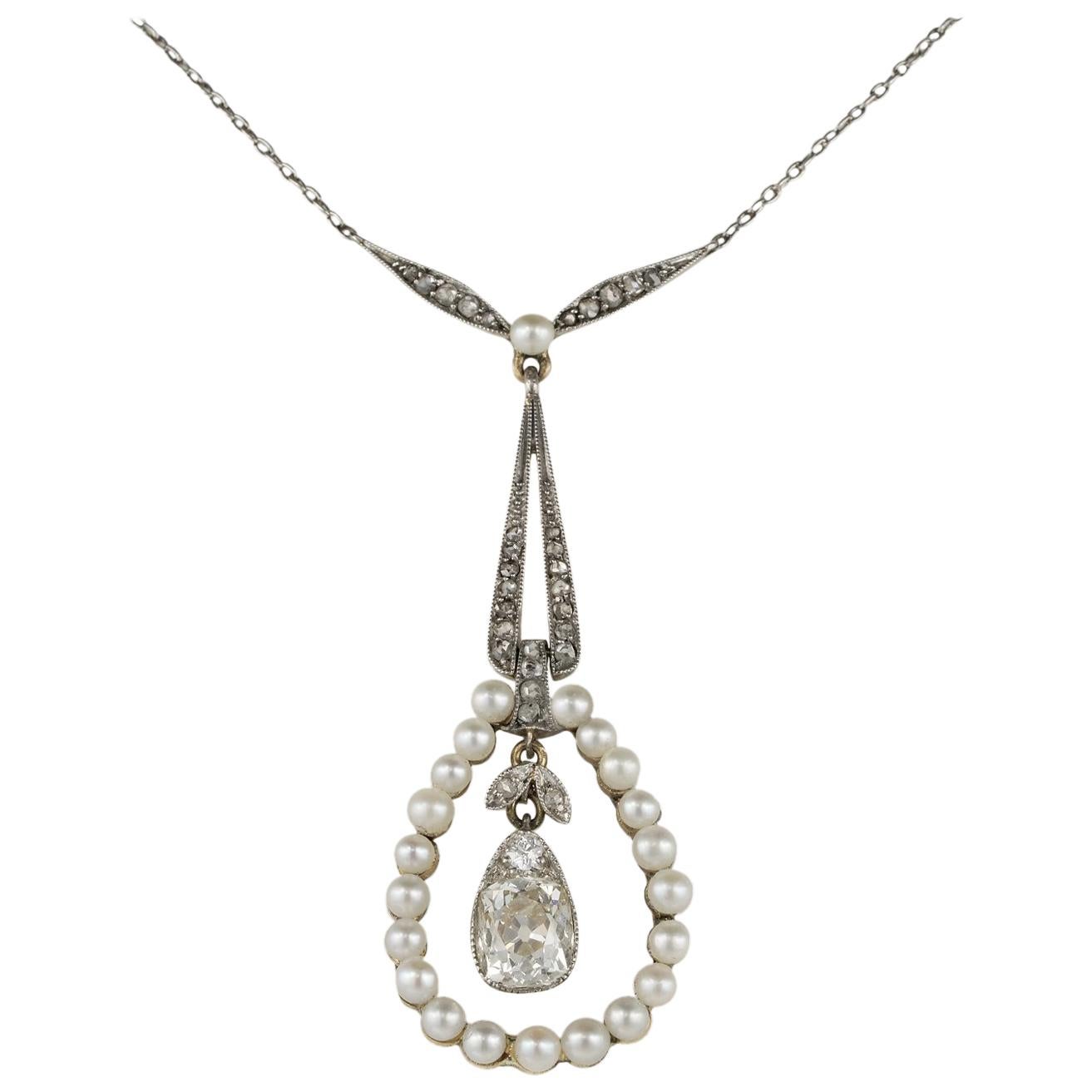 Exquisite 1.20 Carat Old Mine Diamond Plus Natural Pearl Pendant Necklace For Sale