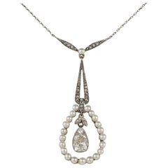 Exquisite 1.20 Carat Old Mine Diamond Plus Natural Pearl Pendant Necklace