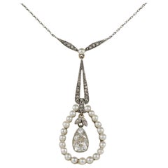 Exquisite 1.20 Carat Old Mine Diamond Plus Natural Pearl Pendant Necklace