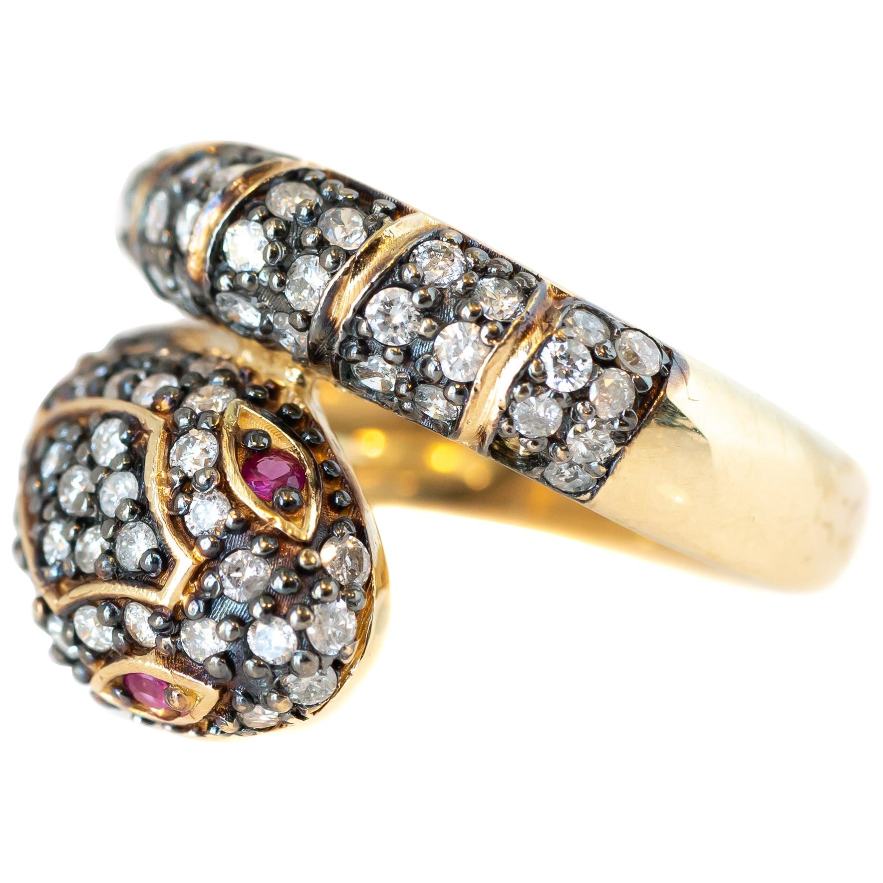 1.18 Carat Total Diamond and Pink Sapphires Serpent Ring in 14 Karat Yellow Gold