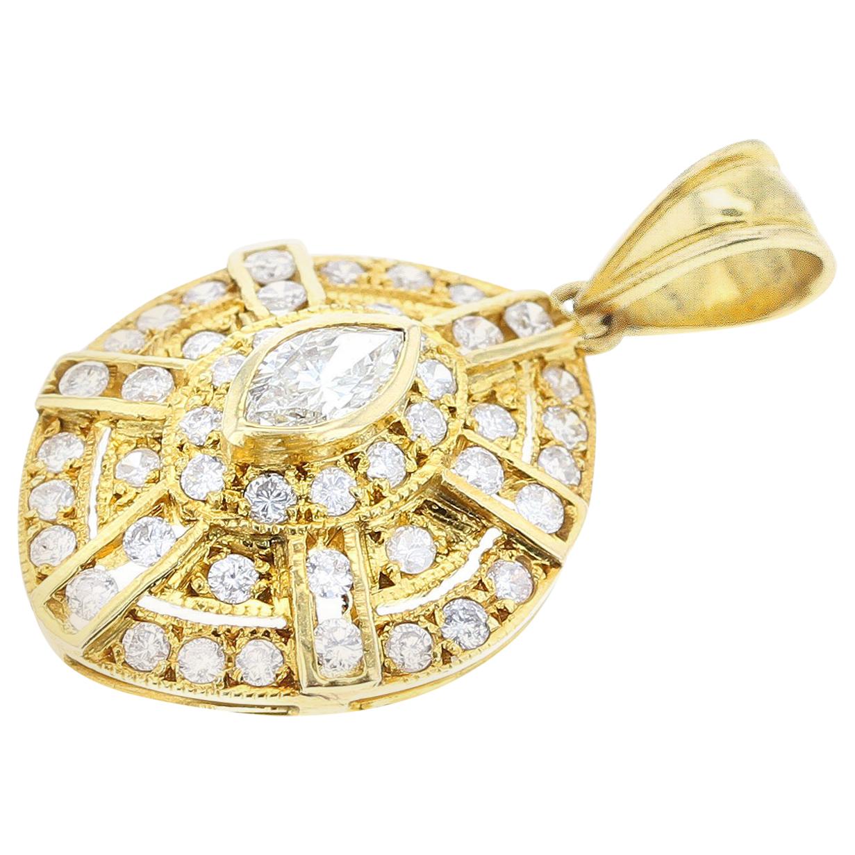 Curved Diamond and Yellow Gold Pendant, 18 Karat, Part of Earring Set