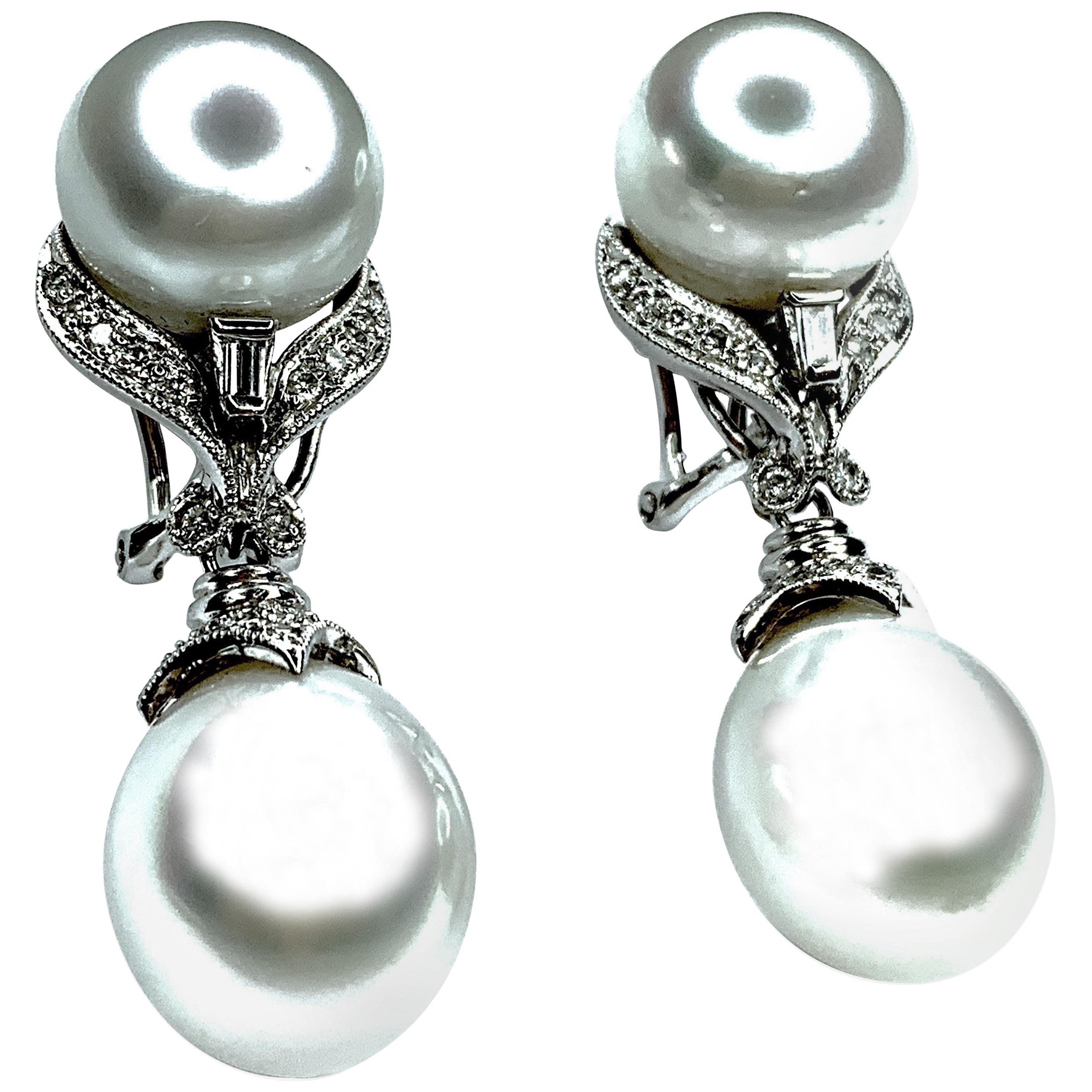 GEMOLITHOS Pair of Button & Pear Shaped Australian Cultured Pearl & Dia Earrings For Sale